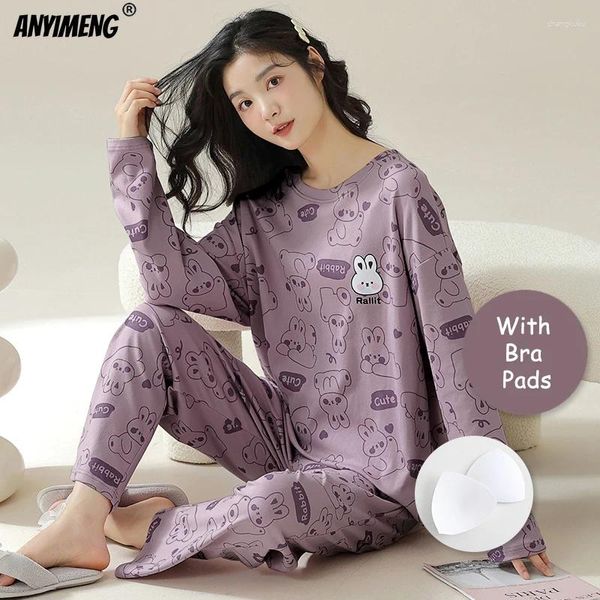 Vêtements de nuit pour femmes Automne Hiver Coton Femmes Pyjamas avec coussinets de soutien-gorge Loisirs Dames Pyjamas Dessin animé Pijama Mode Loungewear pour fille