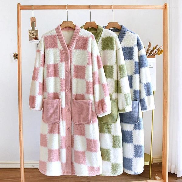 Vêtements de nuit pour femmes automne hiver pour dormir chaud Robe à carreaux femmes pyjamas peignoir femme vêtements Pijama Mujer flanelle pyjama