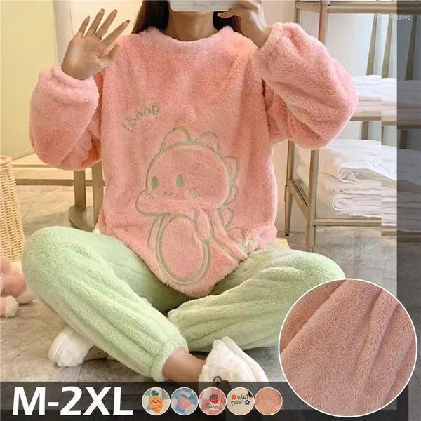 Vêtements de nuit pour femmes Automne Hiver Kawaii Cartoon Pyjama Ensembles Femmes Polaire Pyjamas Plaid Flanelle Loung Fille Pijamas Costumes De Nuit Homewears