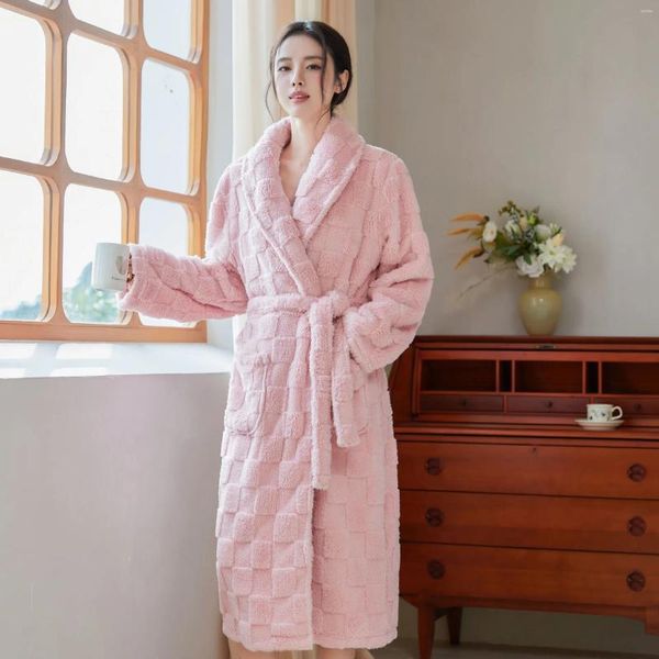 Vêtements de nuit pour femmes automne hiver vêtements de détente à manches longues chaud épais à carreaux Jacquard polaire longue robe de chambre ensemble cardigan peignoir