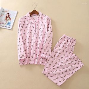 Ropa de dormir para mujer Otoño Invierno Conjunto de pijama Dachshund Teckel Dos piezas Algodón cepillado Manga larga Pantalones largos Cintura elástica 9903