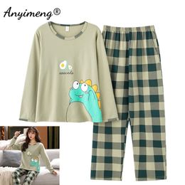 Ropa de dormir para mujer Otoño Invierno Pijamas Conjunto para mujer Pijama con estampado de dinosaurio lindo para niña Moda Chic Girls Plaid Ropa de dormir Ropa para mujer 220913