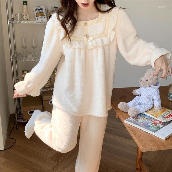 Vêtements de nuit pour femmes Automne Hiver Épaisse Laine De Corail Pyjamas Thermique Col Carré Douce Fille Arc Dentelle Vêtements De Nuit Costume 2 Pièce Kawai Home Wear