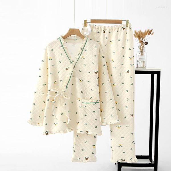 Ropa de dormir para mujer Otoño/Invierno con cuello en V orquídea kimono pijamas mujeres embarazadas sueltas cómodas ropa de enfermería pantalones de manga larga pijama