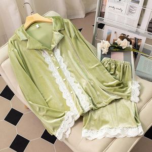 Dames Nachtkleding Herfst Winter Fluwelen Pyjama Voor Vrouwen Zoet Schattig Kanten Pyjama Pour Femme Los Casual Velours Homewear Loungewear