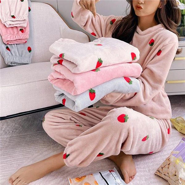 Vêtements de nuit pour femmes automne hiver chaud flanelle femmes pyjamas ensembles épais corail velours à manches longues imprimé mince pyjamas ensemble