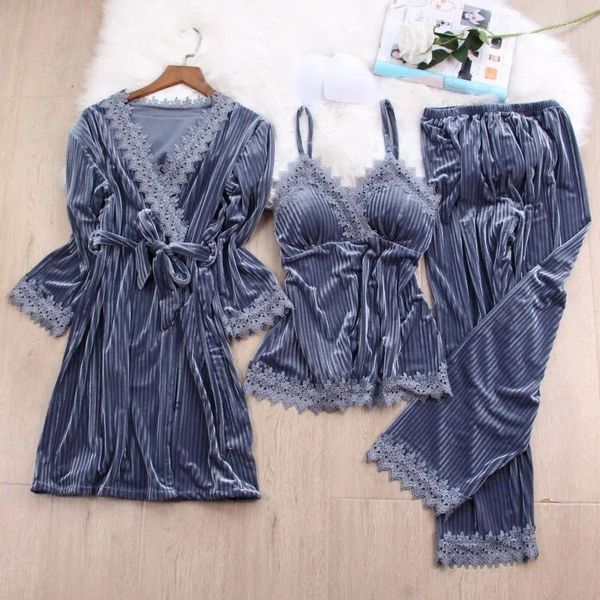 Vêtements de nuit pour femmes Automne Hiver Femmes 3PCS Pyjamas Ensemble Velvet Dentelle Garniture Kimono Peignoir Robe Sexy Pijamas Costume Lâche Homewear Loungewear