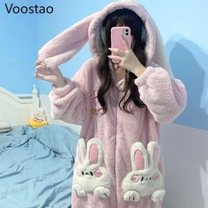 Vêtements de nuit pour femmes Automne Hiver Femmes Mignon Onesies Pyjamas Corail Polaire Chaud Dessin Animé Oreilles de Lapin À Capuchon Vêtements De Nuit Filles Doux Maison Vêtements Pyjamas 231206