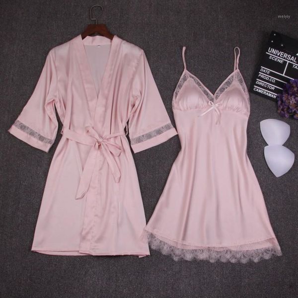 Ropa de dormir para mujer Conjuntos de camisón de otoño para mujer 2 piezas Camisón Albornoz con almohadilla para el pecho Mujer Satén Kimono Vestido de baño Traje de baño rosa