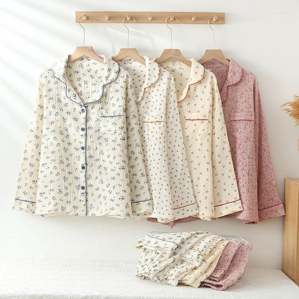 Ropa de dormir para mujer Conjunto de pijama estampado de otoño para mujer Algodón de doble capa Gasa Flor de dibujos animados Ropa de dormir Pequeña textura linda y fresca Ropa de noche