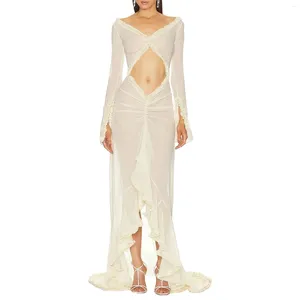 Vêtements de nuit pour femmes, nuisette, Lingerie, manches longues, col en V, Chemise en maille, garniture à volants, robe de nuit transparente