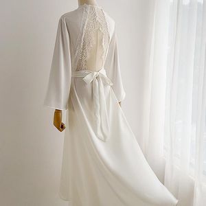 Vêtements de nuit pour femmes dos nu Sexy Kimono Robe été à manches longues maison vêtements Lingerie intime dentelle blanche mariée mariage peignoir Robe