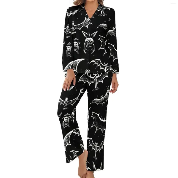 Soueurs de nuit des femmes Sketches Pyjama Halloween Print Loisker V Neck Femmes 2 Pièces Design Long Manche Kawaii Pajama ensembles