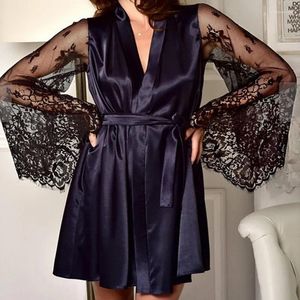 Vêtements de nuit pour femmes Peignoirs Robe Femmes Intime Femme Noir Kimono Sexy Lâche Soie Lingerie Nuit 2024 Robe Dentelle