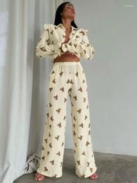 Vêtements de nuit pour femmes Bear Print Femmes Pyjamas Ensemble à manches longues Taille haute Ropa de Dormir Casual Loose Conjuntos Mujer Patchwork Tenues