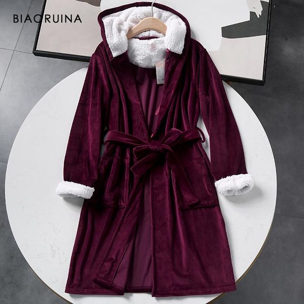 Ropa de dormir para mujer BIAORUINA Terciopelo Borgoña Batas largas sueltas y cómodas con fajas Fleece con capucha Cuff Warm Thick Winter Sleeping Robe