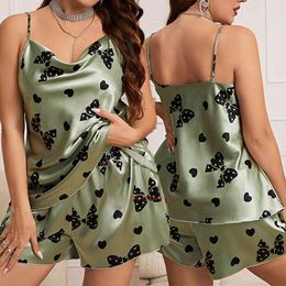 Vrouwen Nachtkleding Big Size 3Xl 4Xl 5Xl Slaap Pak Satijnen Pyjama Print Vlinder Chemise Pyjama Sexy Thuis Kleding Camishorts Nachtjapon