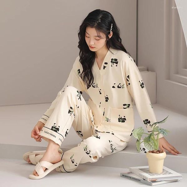 Vêtements de nuit pour femmes Big Taille M-2XL Femmes Pyjamas Ensemble Printemps et automne Cotoon Pyjamas Femme Mignon Dessin animé Manches longues Filles Homewear