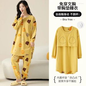 Dames slaapkleding groot formaat M-5XL dames pyjama's set lente herfst knit katoenen pyjama met borstkussen schattige cartoon lange mouw