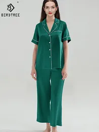 Vêtements de nuit pour femmes Birdtree 19mm véritable pyjama en soie ensemble solide revers à manches courtes pantalons longs de base confortable loungewear printemps S41146QD