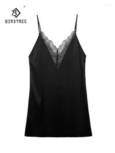 Vêtements de nuit pour femmes Birdtree 93% Real Silk Pajama Dress Femme Spaghetti Strap dentelle Deep V Sexy Flirt Backless Nightgown 2024 Été P43017QC
