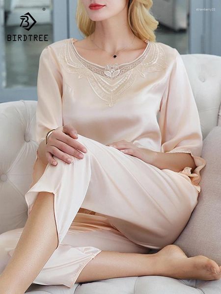 Ropa de dormir para mujeres Birdtree Mulberry Silk Women Pajamas Nightdress Traje de dos piezas LLACE 3/4 Camisón suelto 2024 Spring Summer