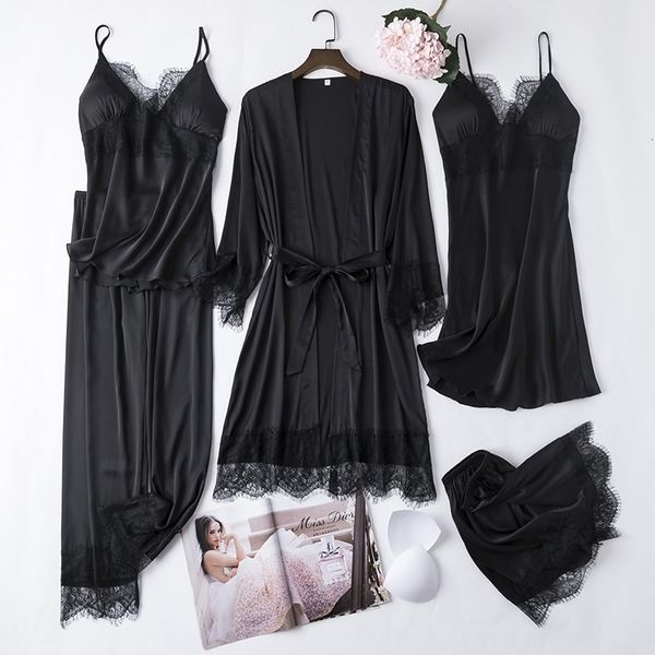 Vêtements de nuit pour femmes Noir 5 PCS Dentelle Satin Robe Robe Ensembles Sexy Femmes Nighty Peignoir Chemise De Nuit Sommeil Costume Printemps Maison Kimono Pyjamas 230330