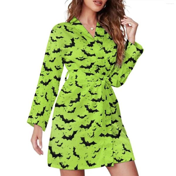 Vêtements de nuit pour femmes Black Bats Imprimer Pyjama Robe Halloween Gothique Manches Longues Casual Pyjamas Robes Femmes Col En V Mignon Quotidien Design Robes