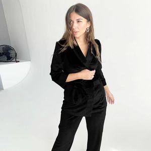 Pijama de terciopelo de punto negro para mujer, conjunto de bata sólida con bolsillos cálidos, albornoz de manga tres cuartos para mujer, pijama de invierno