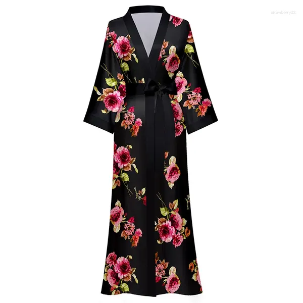 Vêtements de nuit pour femmes Robe longue noire Femmes Fleur Imprimer Chemise de nuit Satin doux Vêtements de maison Kimono Peignoir Sexy Loungewaer