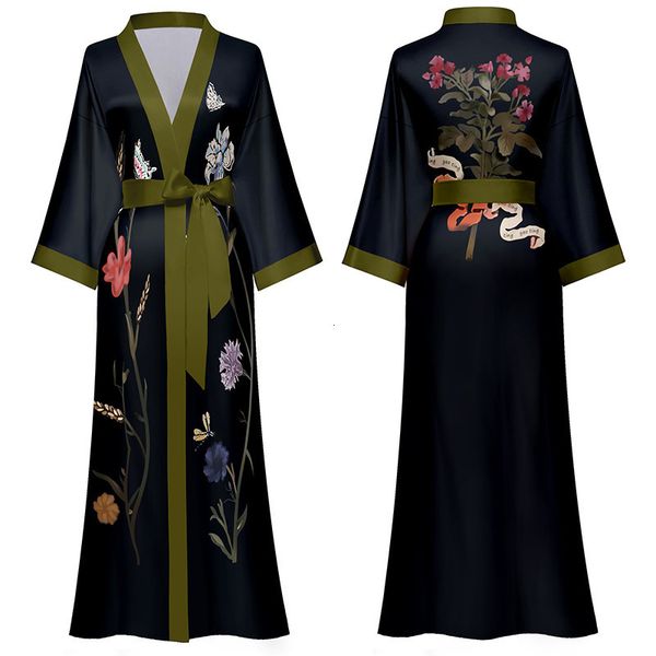 Ropa de dormir para mujer Estampado negro Flor Bata larga Camisón Primavera Verano Media manga Kimono Albornoz Vestido Mujer Sexy Rayon Home Dress Loungewear 230404