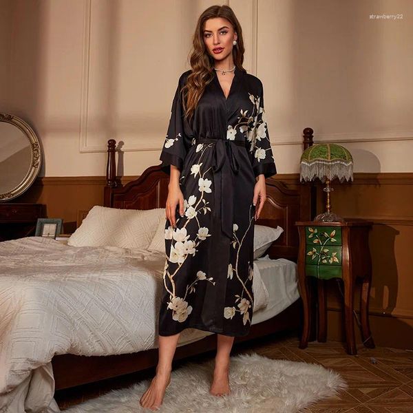 Vêtements de nuit pour femmes Noir Imprimer Fleur Chemise de nuit Printemps Été Femme Longue Robe Sexy Kimono Robe Casual Peignoir Satin Home Dressing Lounge