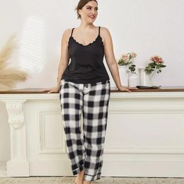 Vêtements de nuit pour femmes Noir Vêtements de nuit sexy Gilet Top Plus Taille Pyjamas Plaid Home Vêtements Amérique Femme 2 pièces Ensembles Pantalons longs Nuisette Sommeil