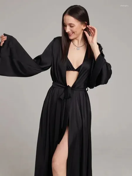 Vêtements de nuit pour femmes, noir et blanc, Robe de nuit en Satin, robes sexy, longue mariée, manches de mariage, évasée