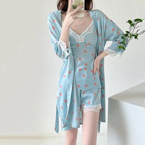 Dames Nachtkleding Blauw 3 STKS Pyjama Pak Vrouwen Patchwork Kant Satijn Nachtkleding Thuis Kleding Print Sexy Slaap Set Homewear Intieme Lingerie