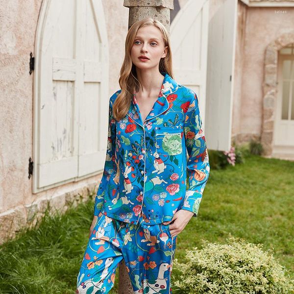 Vêtements de nuit pour femmes, ensemble pyjama carotte à fond bleu, manches longues, soie glacée, printemps et automne