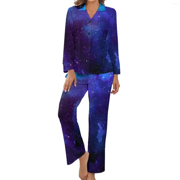 Vêtements de nuit pour femmes, pyjama galaxie bleue, imprimé coloré, doux, manches longues, deux pièces, décontracté, col en V, ensemble personnalisé