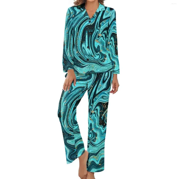 Slembe-Slembear Women Blue Gold Swirls Pyjamas printemps 2 pièces modernes abstraits pyjama de mode sets femme à manches longues V Neck Casual Casual Imprimé Home