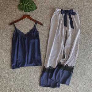 Dames Nachtkleding Blauw Ijs Zijden Pyjama Set Twee Stukken Slaappak Vlinderdas Kanten Broek Verstelbare Riem Nachtkleding Voor Vrouwen Lenceria