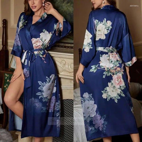 Vêtements de nuit pour femmes Bleu Imprimer Fleur Kimono Peignoir Robe Femme Longue Robe Chemise De Nuit Casual Satin De Soie Robe De Maison Lâche Lounge Wear