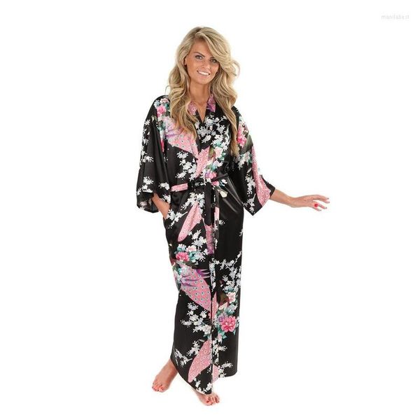Marca de ropa de dormir para mujer, Kimono de satén negro para mujer, camisón largo Sexy, estampado Vintage, vestido de noche con flores, talla S M L XL XXL XXXL D124-01