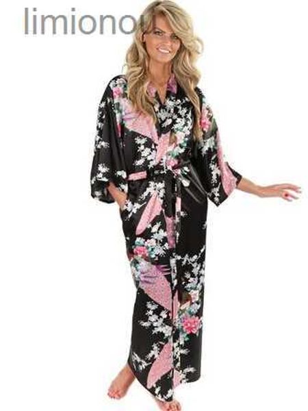 Ropa de dormir para mujer Nuevo vestido de noche negro de seda para mujer, batas de kimono largo y sexy, vestido de noche estampado vintage con flores de talla grande S M L XL XXL XXXL A-045C24319