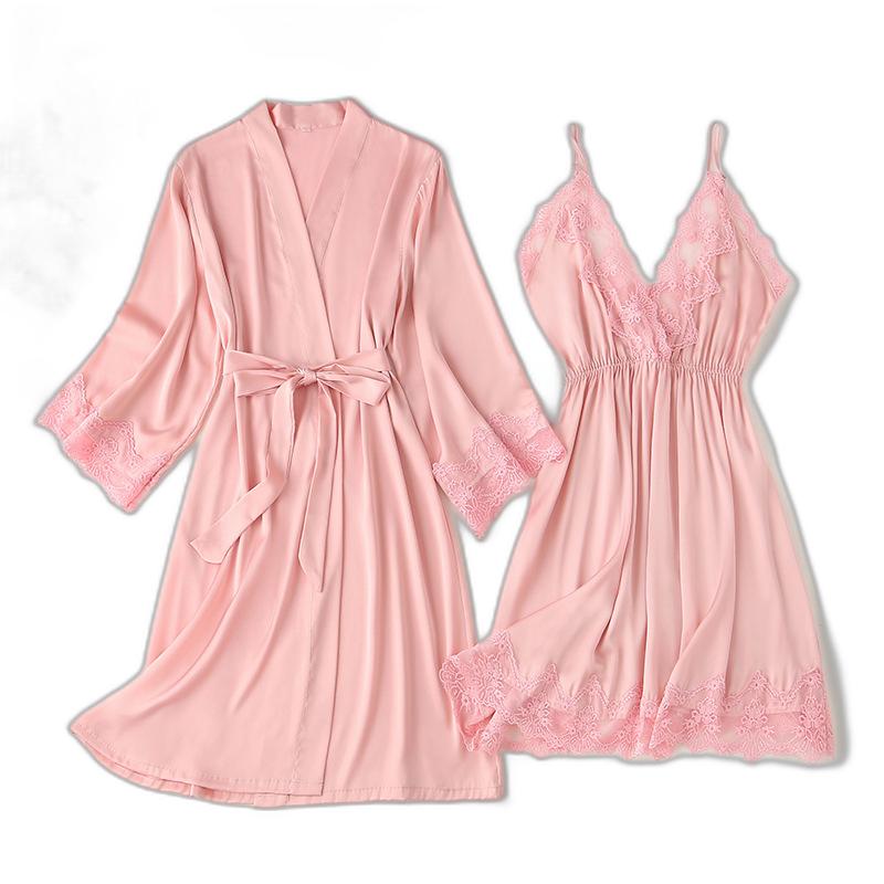 Women's Sleepwear Bride Wedding Robe Nightgown Set Loungewear Summer Women Kimono Gown Suit Lace Rayon Bathrobe Nightwear Home Dress