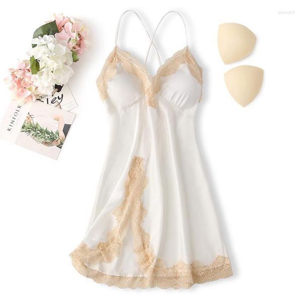 Ropa de dormir para mujer Novia Camisón blanco Sexy para mujer Chemise Camisón Verano Suspender Vestido de dormir Encaje Kimono Vestido con cuello en V