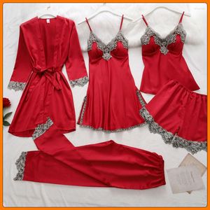 Vêtements de nuit pour femmes Bourgogne Femmes Satin Pyjamas Ensemble Sexy Robe Costume Lâche Salon Lingerie Mariée Robe De Chambre Dentelle Floral Garniture Chemise De Nuit Maison