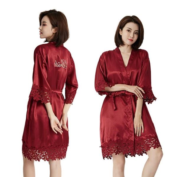 Cardigan de vêtements de nuit pour femmes Robe de chambre de mariée brodée Femmes Dentelle Chemise de nuit Maquillage de mariage Demoiselle d'honneur Groupe Imitation Soie Kimono Robe