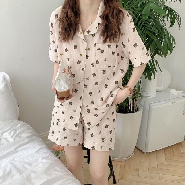 Pyjama d'été pour femmes, vêtements de nuit pour femmes, ensemble de chemises à simple boutonnage, short en coton, costume deux pièces, Kawaii coréen