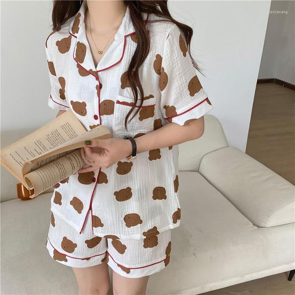 Vêtements de nuit pour femmes dessin animé ours été pyjamas ensemble femmes coréen maison costume doux Kawaii chemises Shorts ensembles deux pièces Homewear coton