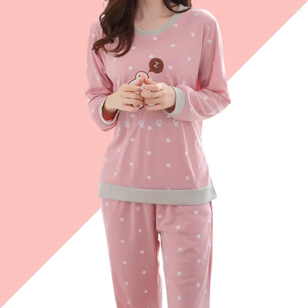 Ropa de dormir para mujer Conjunto de pijamas de manga larga de dibujos animados Ropa de dormir de otoño Ropa de estar en casa de algodón Traje para mujer Talla M (Oso durmiente)