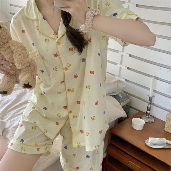 Conjunto de pijama de verano con estampado de dibujos animados para mujer, camisas coreanas de un solo pecho, pantalones cortos, traje informal de algodón de dos piezas para el hogar Kawaii